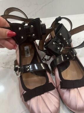 Moschino Pink Satin Flats with Black Patent Bow Straps and Studs